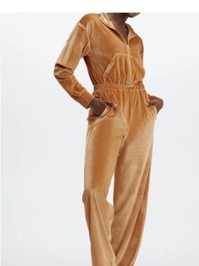 Velvet Zip-Neck Jumpsuit in Camel